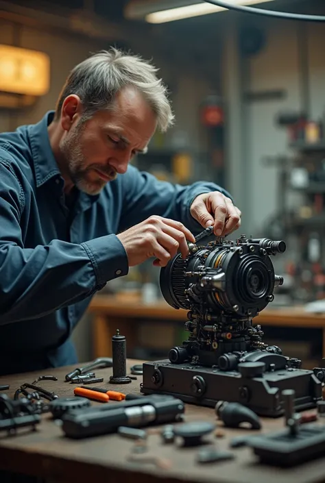 Mechanic assembling an electric motor 