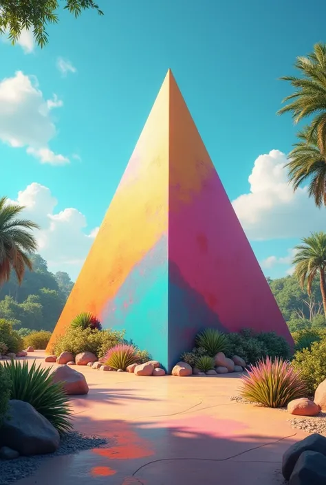 I would like to create an image of a square pyramid,with a base of 6 and a height of 8 meters ,I want it to be very eye-catching, colorful and realistic. 