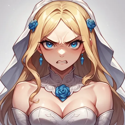 a long blonde hair, blue eye female in her early 20s is in a wedding dress and is at the altar, she looks angry at you.