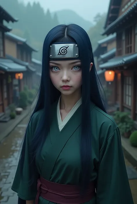 gerar imagem live action dark fantasy,hinata hyuga vida real 
 live action,Actress Aoi Miyazaki,konoha,Roundabout by Hinata Hyuga,blue black hair,Bandana de Konoha,white eye color real life 