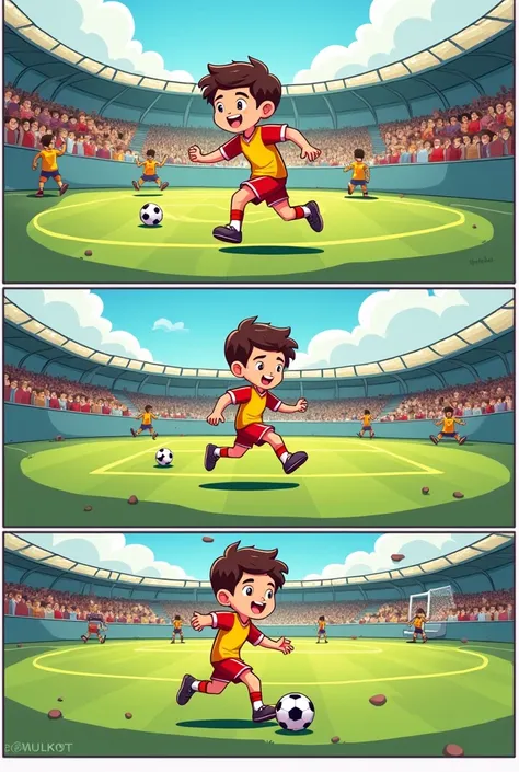 Create a soccer comic where the main character is bad at playing but they make fun of him and then he trains and learns to play soccer 