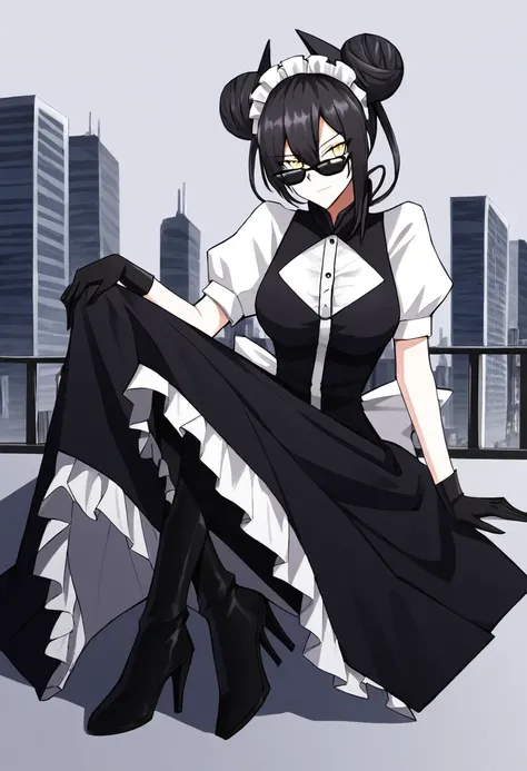 agent (girls frontline), gloves, long skirt, 1girl, Solo, AgentNormal,double bun,maid,sangvis ferri,yellow eyes, black hair, sunglasses, city, black heel boots