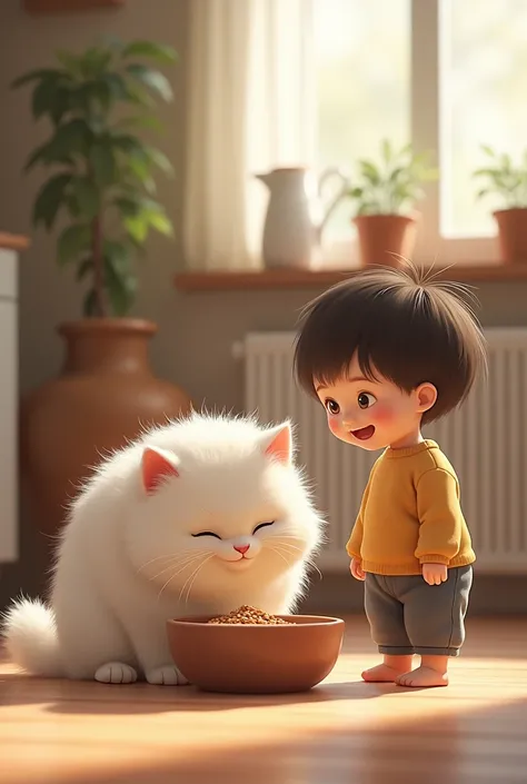 The white kitty happily eating from a bowl while the child watches with a smile.