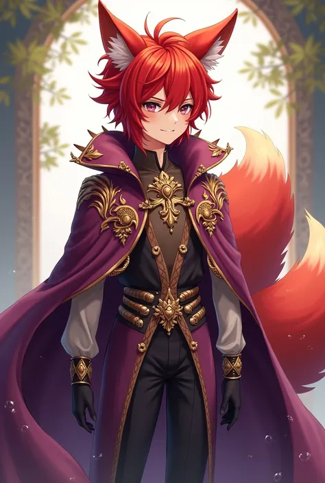 A red-haired guy with fox ears and a tail in a purple cape with gold embroidery in anime style with lots of details on the clothes