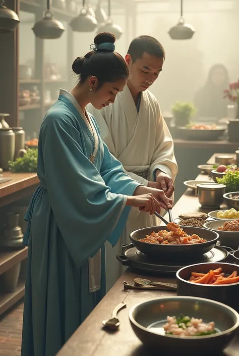 A 2 Chinese woman in a blue dress from the ancient Tang Dynasty stands with a young monk in a white robe in a restaurant&#39;s kitchen, demonstrating her skills in making volcanic roast chicken for the shop owner.