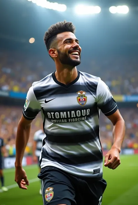 Cover for a book: yuri alberto, Corinthians player with a quiff (half curly) e barba,  celebrating at the stadium. The Corinthians shirt has a white to black HORIZONTAL GRADIENT, the supplier is Nike. Emphasize the crowd