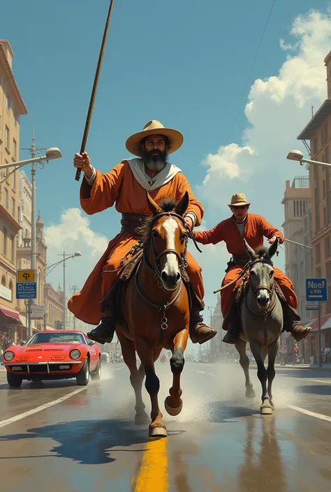 Don Quixote and Sancho Panza are in the middle of a modern road. Don Quixote, riding his trusty Rocinante, tries to challenge a sports car that is coming towards them, with his lance raised, believing it to be an enemy. Sancho, riding his donkey, tries to ...