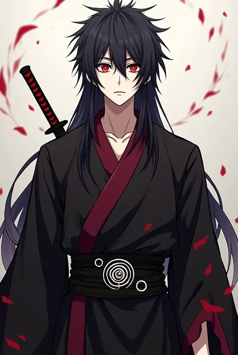 OC anime male, ghoul race, fair skin, medium/tall build, he has long spiky black hair that reaches his back, tied in the traditional Japanese style, with bangs that cover his scarlet red eyes, his pupils are black and have a sharp shape like a snake, he ha...