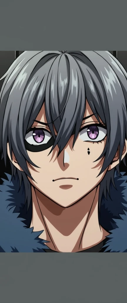 1male, adult, thin build, violet hair, violet eyes, violet villian fur coat, scar on right eye, scar on nose, black mark on forehead, calm look, calming pose, closed mouth, full focus on body, look at the viewer, sitting on black throne, anime style, 16K, ...