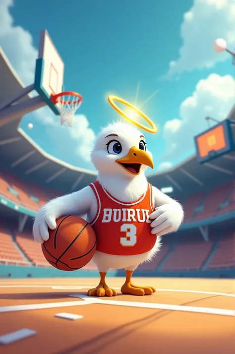 Generate a seagull in cartoon style, playing basketball, in a stadium, and something related to God