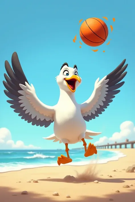 An animated seagull playing with a basketball
