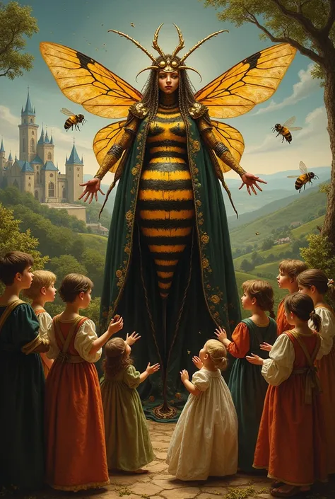 kids worshipping a bee queen with bees flying around as a renaissance painting