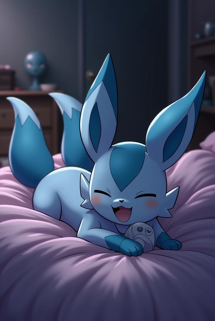 Pokemon glaceon femia, in the bedroom, LYING ON YOUR BELLY IN BED, with vibrator, moaning, listening to music, new.