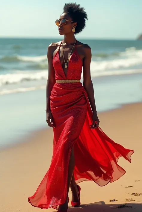 Mrs. Dlamini, with her Zulu brown skin and full face showing, looked absolutely radiant as she walked along the beach. The rich tones of her skin contrasted beautifully with the vibrant red of her glittering dress. The long cloth flowing from the back of h...