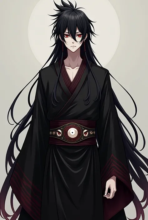 oc anime male, ghoul race, fair skin, medium/tall build, he has long spiky black hair that reaches his back, tied in the traditional Japanese style, with a fringe that covers and prevents other people from seeing his scarlet red eyes, his pupils are black ...