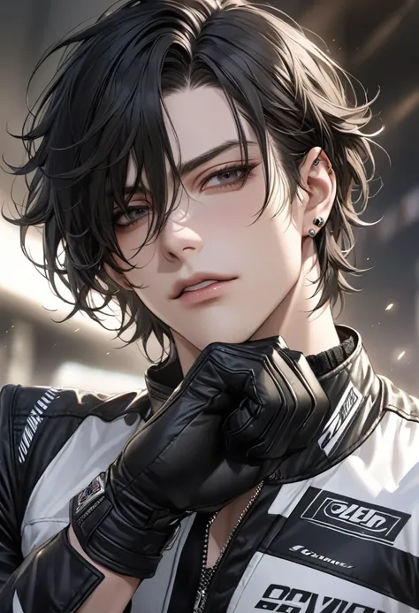 Ultra-high resolution,(Realistic:1.4), ((Highest quality)), ((masterpiece)), Black hair, ruffled fluffy hair, curly hair, Short Hair、Flowing bangs、black eyes,Cool guy,Musician、Close-up、adultの歳,Short bangs,Cool piercings,Sparkling、Sidelong glance、Alluring、a...