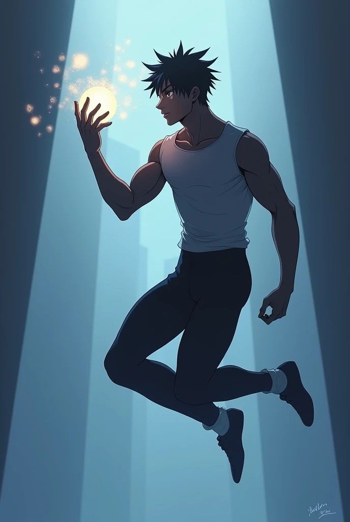  a semi realistic anime photo,a man,holding a magical thing that is floating in his hand,whole body,wearing fitting clothes,black eye and hair,full body visible ,dark skin tone,man is also floating in air