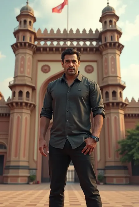 Create a pic in which Stand salman khan in front of Babe sayed aligarh gate 