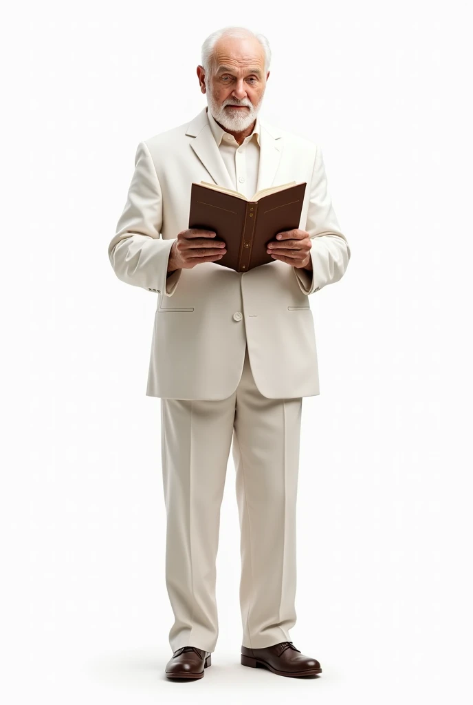 Create an old man in a white suit reading the Bible. This old man is standing and facing forward, his head is straight and looking forward.. This old man is facing. He doesn&#39;t have a beard. He is looking forward. Repeat this image with a white backgrou...