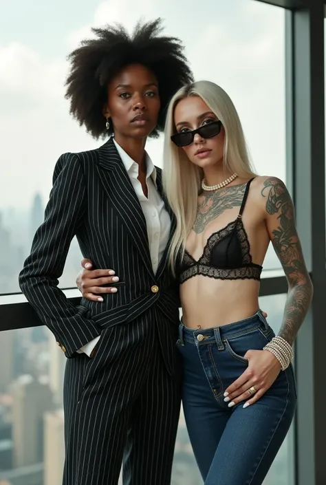 Two russian old milf women: the dominant severe dark skinned  black woman in business pinstripe cropped blazer, pinstripe pencil skirt and white silk blouse,  and afro hair, standing up with possessive stance showing off her new white girlfriend with her h...