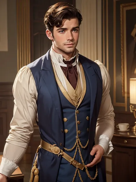 male, british, regency era, bridgerton, jonathan bailey', anothony birdgerton lookalike ,muscles, big pecs ,hairy chest, handsom...