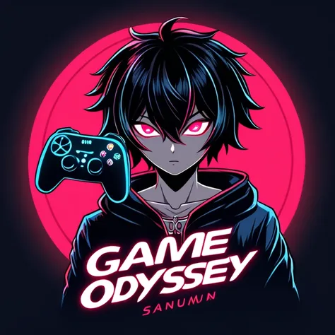 This is a gaming logo that features the name "SanMun’s Game Odyssey" in a futuristic font and a neon Rakr blood  color. and Ken Kaneki type avtar, The logo also has a stylized controller icon. The logo is designed to be attractive and eye-catching, and to ...