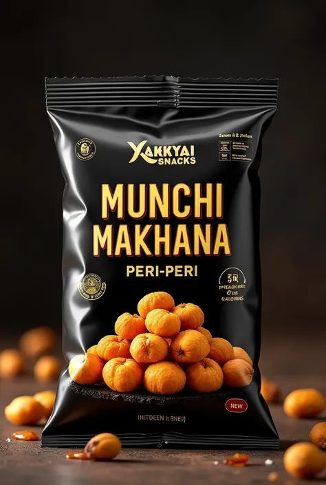 There is a black colour with golden attractive font fmcg product whose packet is named MUNCHI Makhana IN PERI PERI FLAVOUR and the company is ANUKUL Snacks.  Premium FLAVOURED Makhana is written below Yagya Makhana and in the four corners below it is writt...