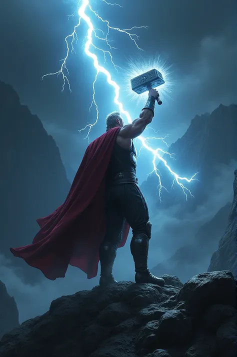 From a far black background on mountain thor lighting thor lifting his hand up and lightning sparkling on his hammer