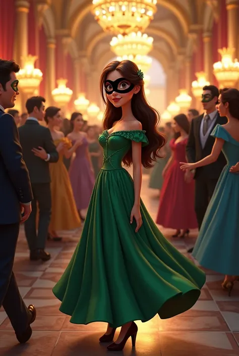 Animated masquerad ball and agirl with long brown hair and a little braid, hazelnut eyes and red lips she is wearing a long green sparkling dress and brown heels wearing a black mask and there is alot of people in the room