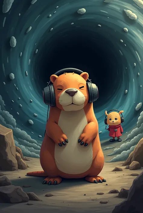 Capybara with black hole behind with headphones and Sans and Frisk from Undertale in the background