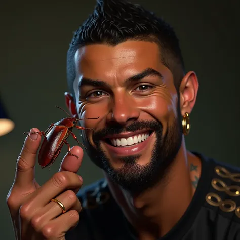 open_mouth, male_focus, Cristiano Ronaldo, earrings, tattoo, teeth, jewelry, realistic, bug, indoors, facial_hair, smile, lamp, bald, holding, a big cockroach on a finger