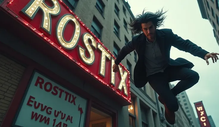 a guy runs off a really scary building with a signboard with text "ROSTIX", text is stylish, black and white, the signboard background is red. The guy has black hair long enough to cover his ears.