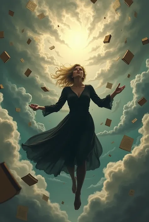 A blonde woman dressed in black, will be cast out of the kingdom of heaven, falling from the clouds to earth with great fear and tension on his face. Books and maps fly through the air, whirling around the woman .apocalyptic scene 