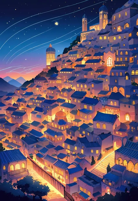 An illustration of the Moroccan city of Chefchaouen at night, full of blue houses like her with magic stars. Send the mountains too. A magnificent view is magical with a very precise graphic style and high image quality.