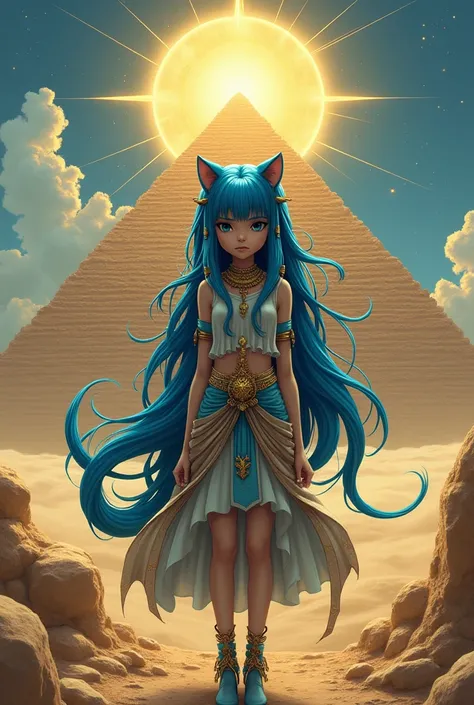 1 girl，artist name，Egyptian Cat，blue hair，skin，Keep your mouth shut，wear，whole body，One，standing，猫Tail，Keep your mouth shut，naked，I look at the audience,Animal Crossing Furry, blue hair, hair accessories, 黄skin, black eyes, Tail, Egyptian pyramids，Mother，S...