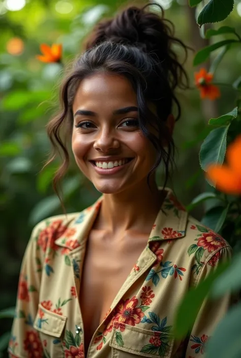 A Brazilian woman in a lush tropical garden, wearing an open shirt with a floral print, with a close-up capturing the harmonious beauty between her breasts and the natural flowers, showing off your natural charm and outgoing personality.