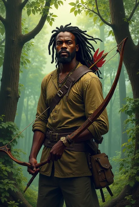 African-American man with dreadlocks holding bow and arrow in the woods, image in the form of a hand-painted canvas