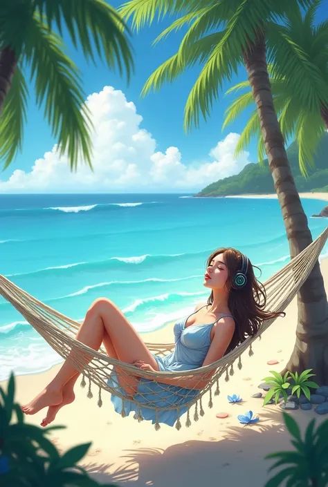 A beautiful girl on beachside hammock listing the songs