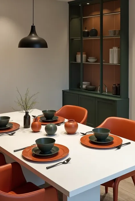 White dining table with terracotta colored table setting, blackw, gray and green, minimalist and modern decorations and crockery with strategic lights and a glass cabinet area