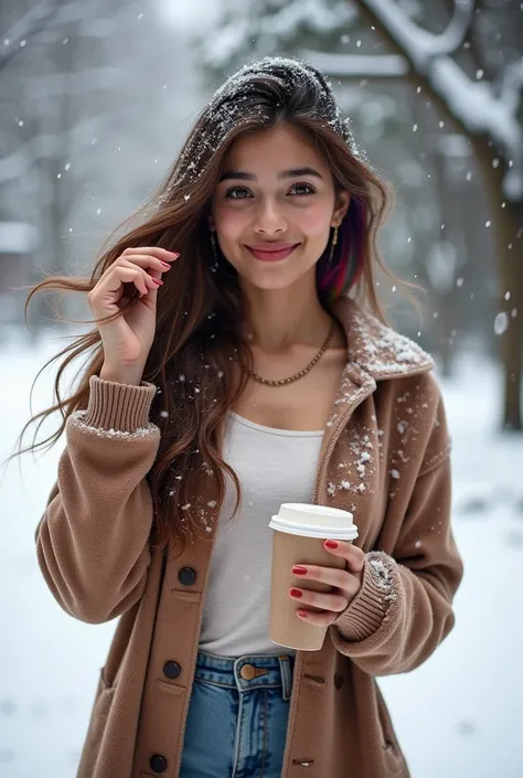 Waving hands through hair,Showing snowfall in black ground,Prompt, realistic influencer Pakistani lovely cute young attractive teenage girl, 1, fair face ,mole on cheek, smile,little mouth,cute, beautiful ,snowfall on the full body dimpal , coffee on hands...