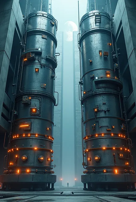 a particle accelerator one on top and one on bottom facing each other, realisitic, 4K, flashy