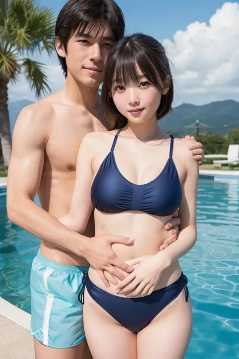 a beautiful, slender japanese high school girl with small breasts wearing a swimsuit, a chubby 60-year-old japanese man with hairy body in swimming trunks, the man is touching the girls belly, the high school girl has a slim body and resembles enako, maste...