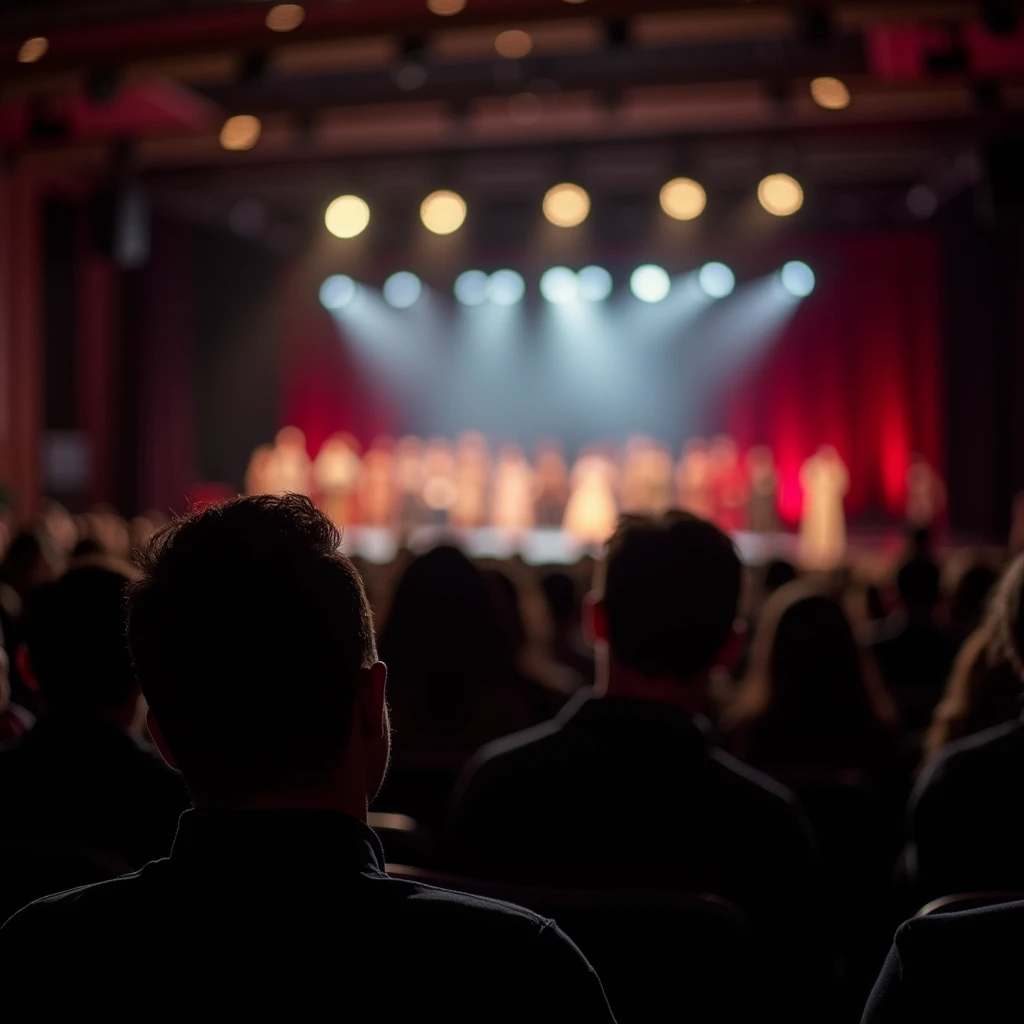 Over the shoulders of the audience watching a stage play