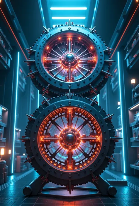 a particle accelerator one on top and one on bottom, realisitic, 4K, flashy, a laboratory 