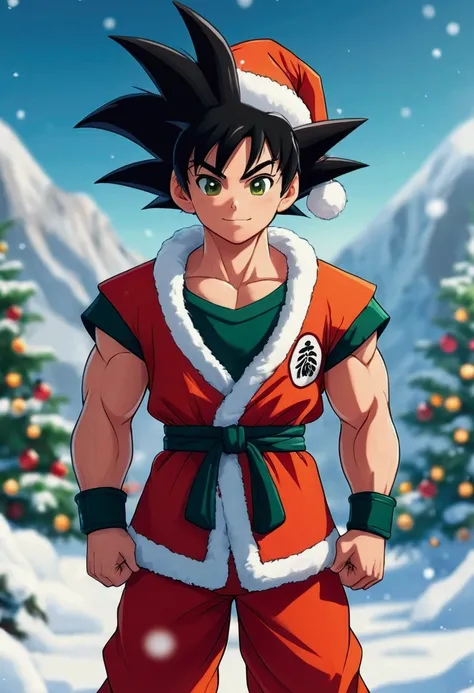 A muscular figure with spiky black hair stands outdoors in a snowy winter landscape. He wears an orange martial arts suit with green details and white fur trim., which resembles a Santa Claus costume, Complete with a red Santa hat. The background features ...