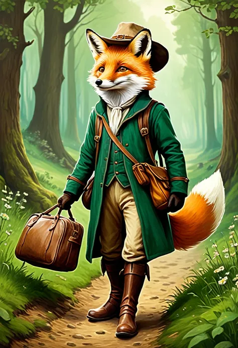 a painting of a fox wearing a hat and carrying a bag, fantasy movie poster, the average redditor, tall farmer, traveller rpg, 3 woodland critters, quaint, the emerald herald, beutiful!, he has boots, set in 1 8 5 0, cheddar, awwwww, age 3 0, 1 8 5 0, lotr ...