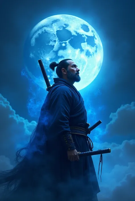 A samurai looking at the sky, the background is a darkend moon and the clouds follow slight deep blue colour. The samurai has an blue aura around him with hi katana on his left side. He eyes glows
He has flying blue aura around like fire but really blue. A...