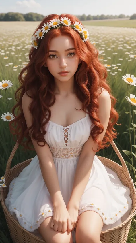 (kizi:1),standing alone, (long red curly hair:1.1), eyes browns, wearing a crown of daisies on her head, sit in a field of daisi...