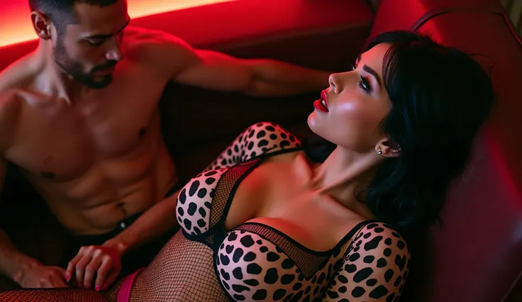 beautiful girl black hair with Nordic features, upturned nose, blue eyes, red lipstick, big large bog , leopard-print t-shirt with wide neckline and transparent parts, fishnet leggings that reveal a pink leopard thong, swap couple club, husband sitting on ...