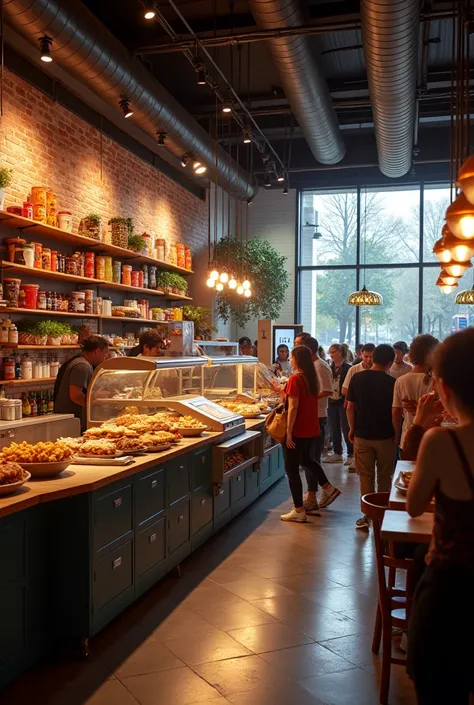 Burger joint atmosphere, with a variety of self-service foods.